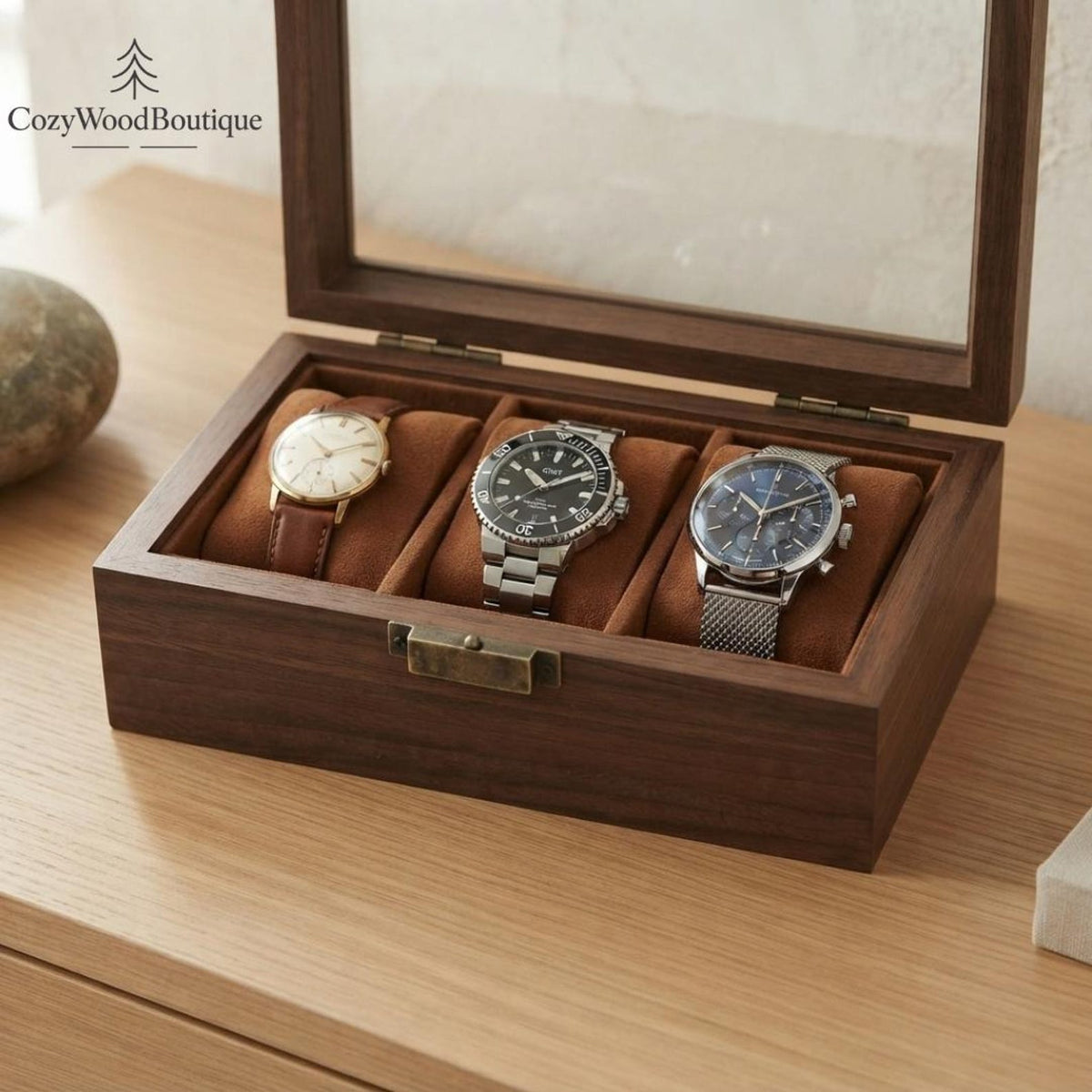 Wooden Watch Box for Men, Glass Top Timepiece Organizer, Vintage Acacia Wood Watch Display Case, Luxury Watch Holder, Gift for Him