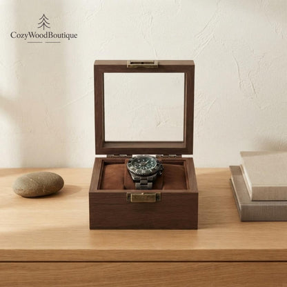 Wooden Watch Box for Men, Glass Top Timepiece Organizer, Vintage Acacia Wood Watch Display Case, Luxury Watch Holder, Gift for Him