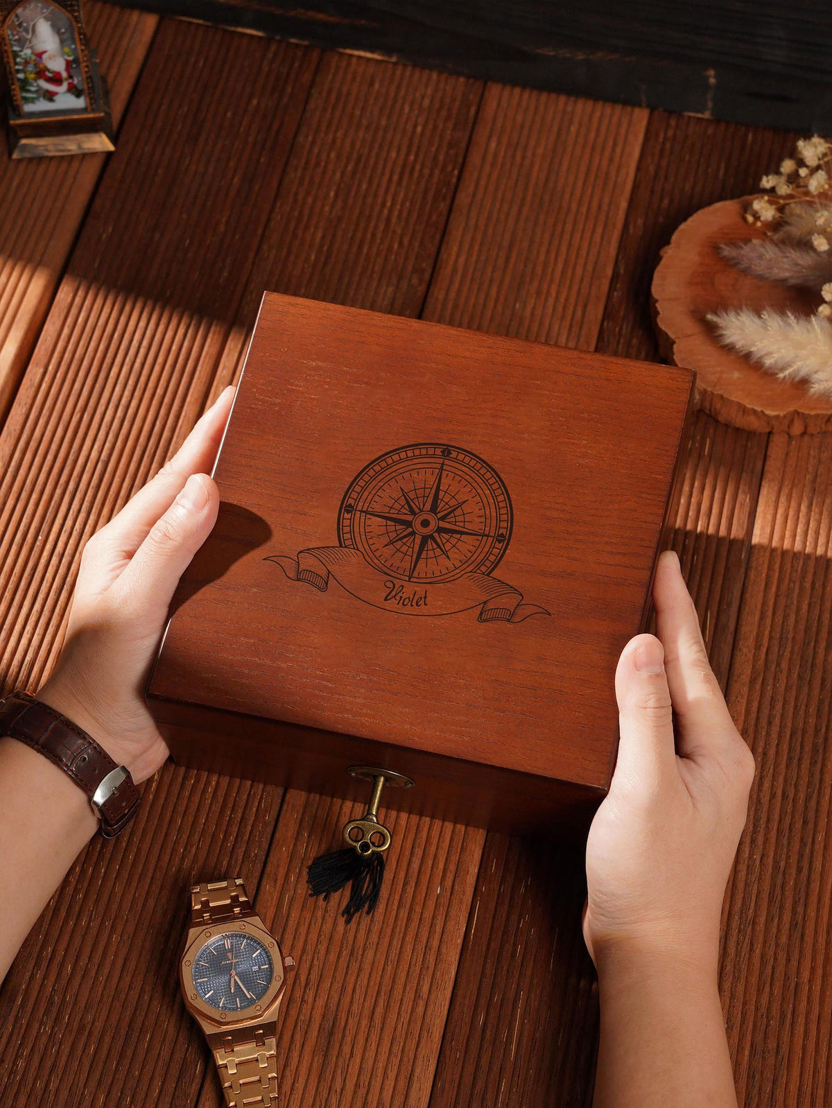 Personalized Wooden Watch Box with Lock & Key, 6 Slot Custom Watch Display Case for Men, Valentine's Day Gift