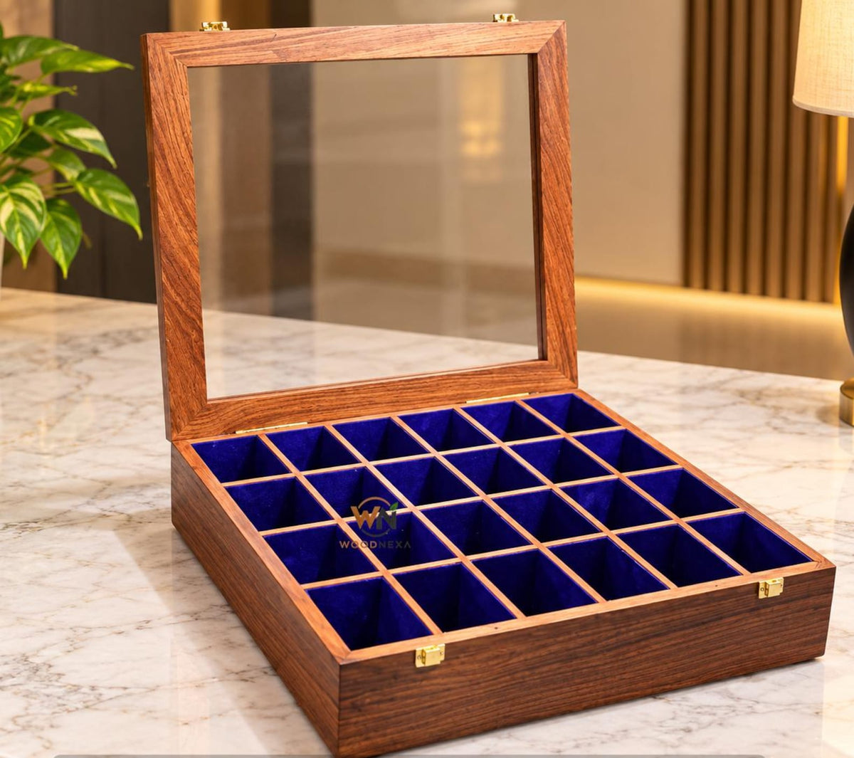 24-Slot Wooden Watch Box with Glass Lid, Velvet Interior, Luxury Storage