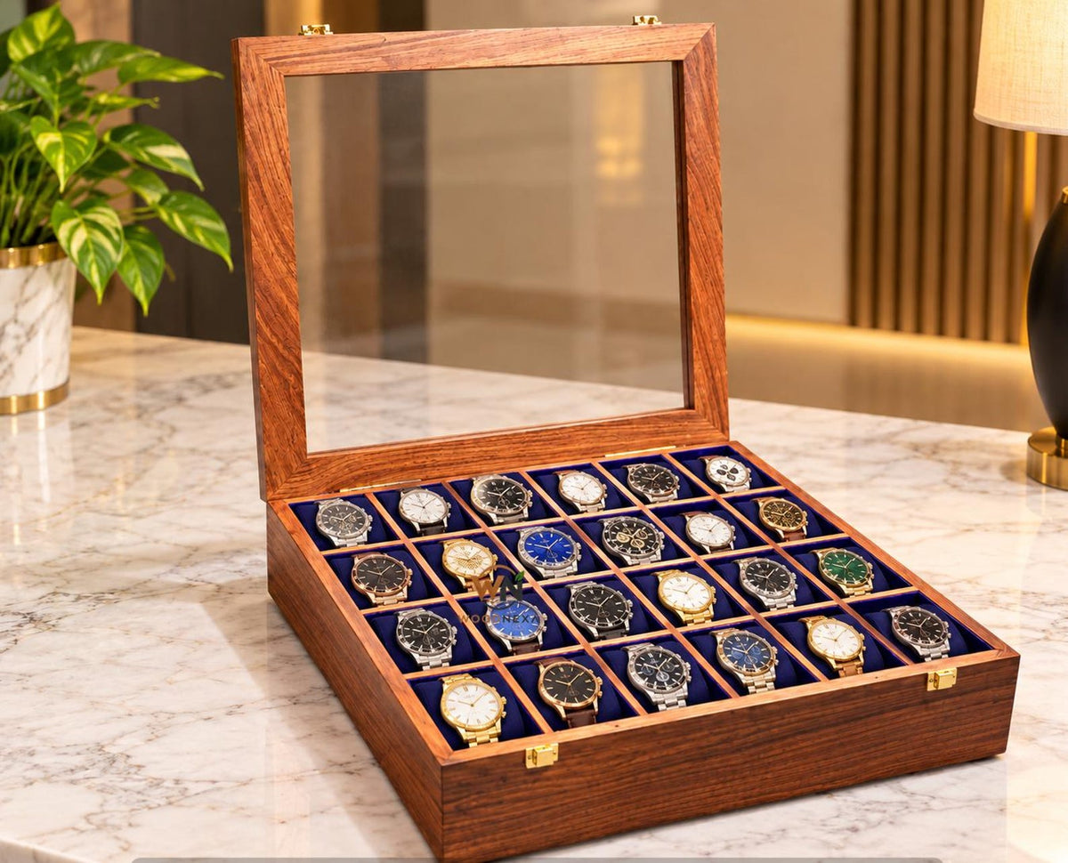 24-Slot Wooden Watch Box with Glass Lid, Velvet Interior, Luxury Storage