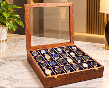 24-Slot Wooden Watch Box with Glass Lid, Velvet Interior, Luxury Storage