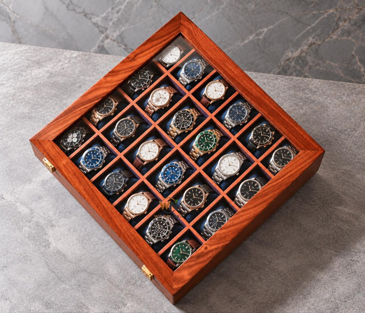 24-Slot Wooden Watch Box with Glass Lid, Velvet Interior, Luxury Storage