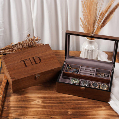Personalized Wooden Watch Box, Watch and Jewelry Organizer with Removable Tray, Custom Jewelry Storage Box, Anniversary Gift for Him Her