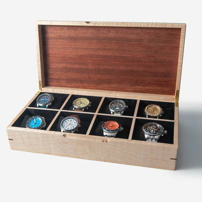 Curly Maple Watch Box - Sapele Mahogany Lid - 8 Watch Compartments - Personalized Gift for Him - Handmade