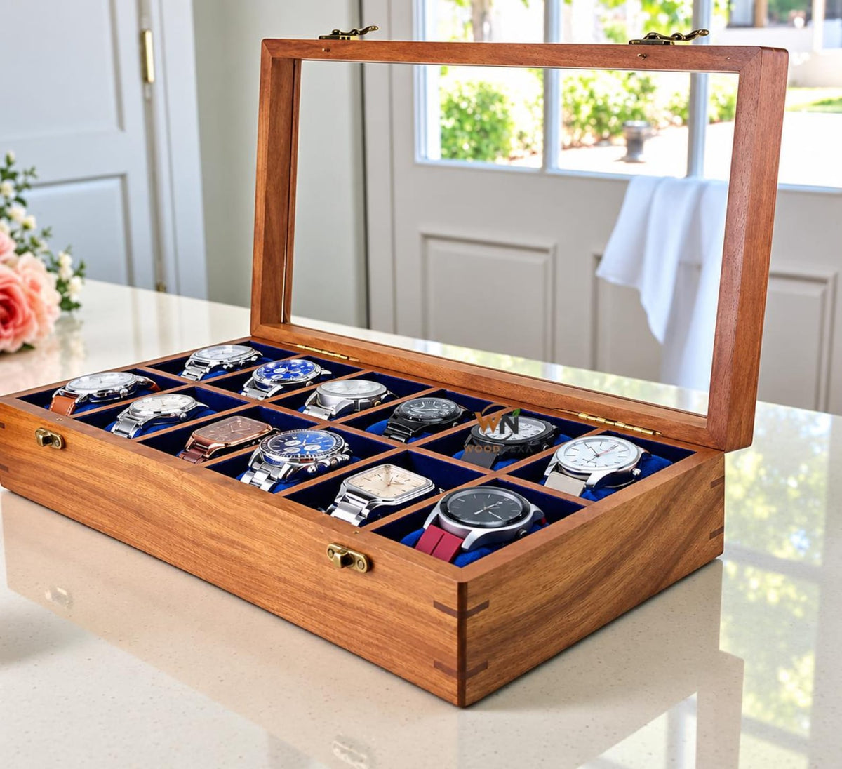 24-Slot Wooden Watch Box with Glass Lid, Velvet Interior, Luxury Storage