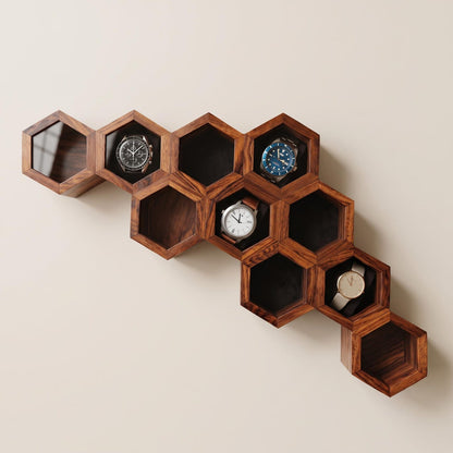 Wooden Watch Box, Honeycomb Display Case, Glass Lid Organizer, Rosewood - Gift for him