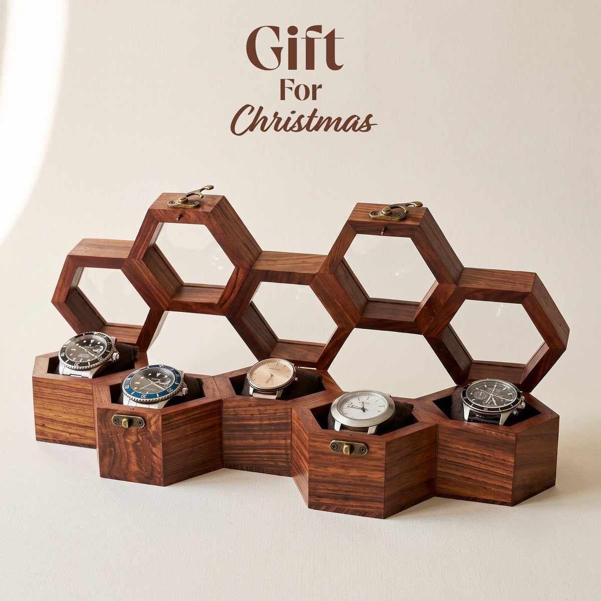 Wooden Watch Box, Honeycomb Display Case, Glass Lid Organizer, Rosewood - Gift for him
