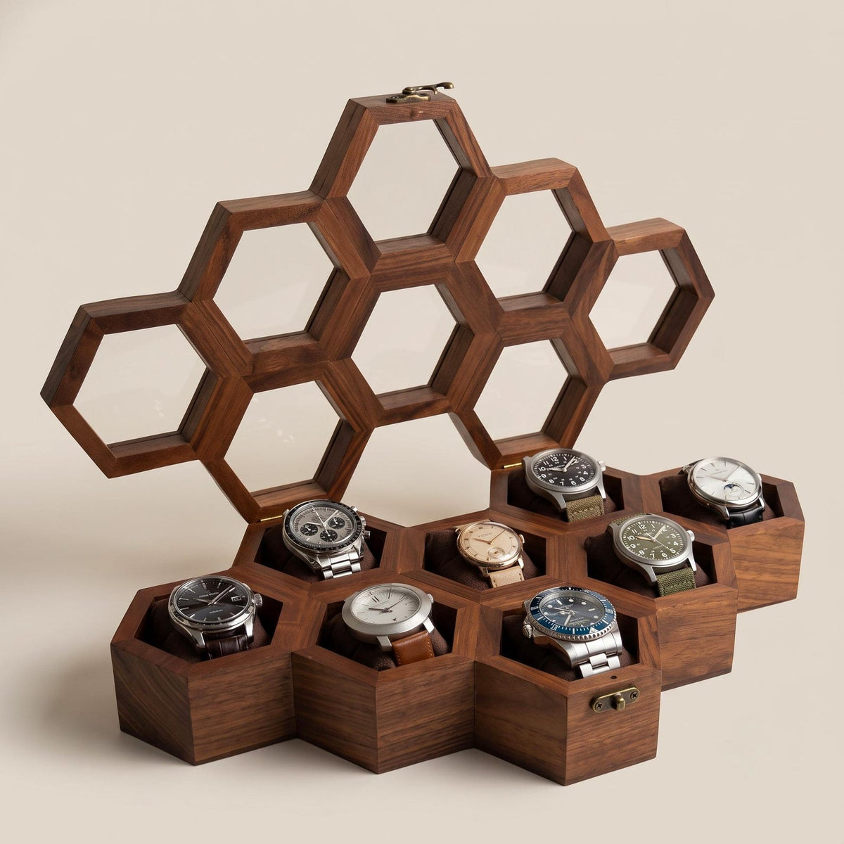 Wooden Watch Box, Honeycomb Display Case, Glass Lid Organizer, Rosewood - Gift for him