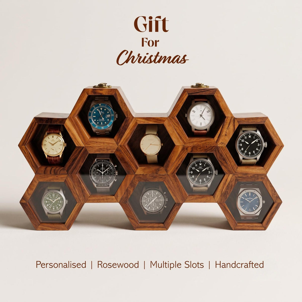 Wooden Watch Box, Honeycomb Display Case, Glass Lid Organizer, Rosewood - Gift for him