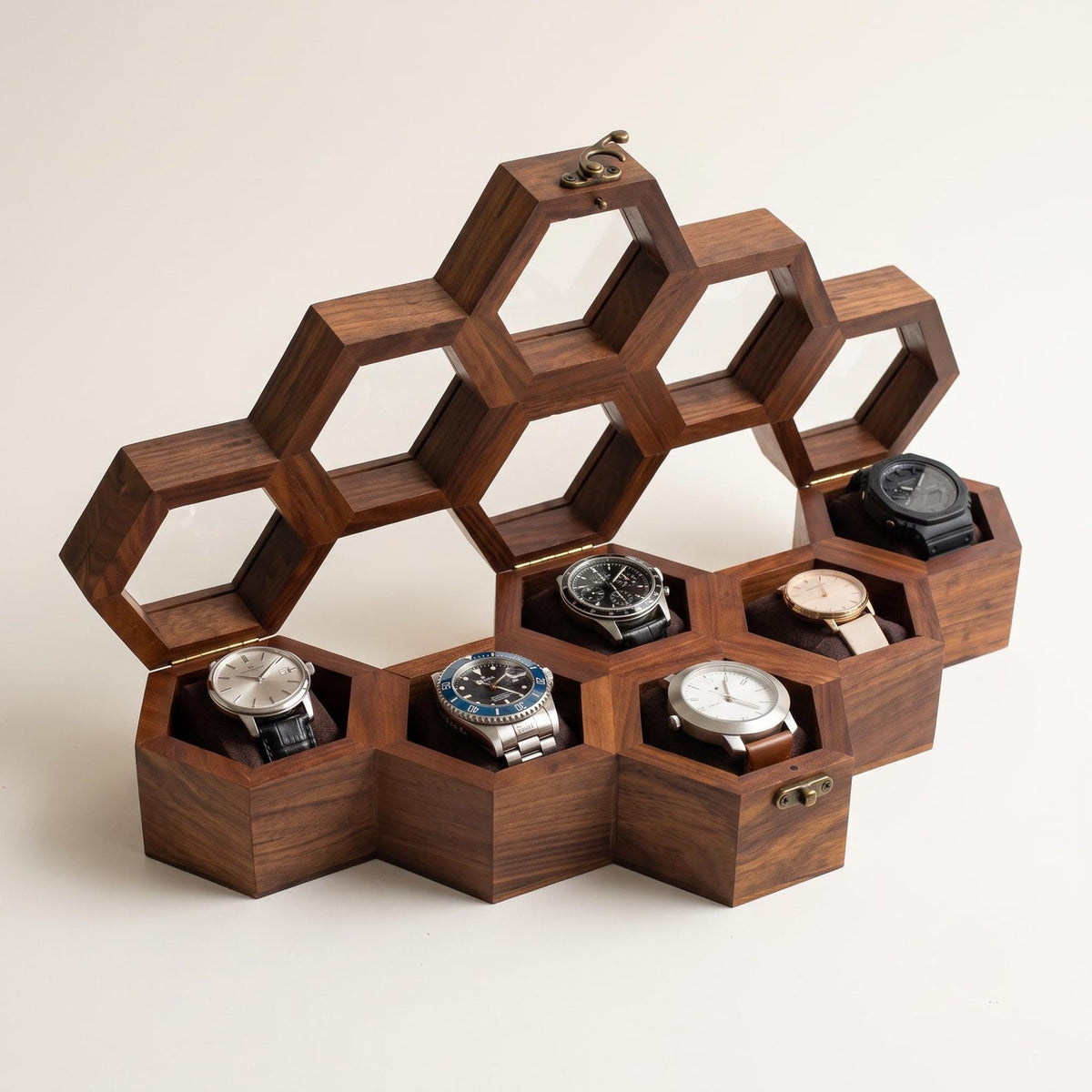 Wooden Watch Box, Honeycomb Display Case, Glass Lid Organizer, Rosewood - Gift for him
