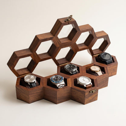 Wooden Watch Box, Honeycomb Display Case, Glass Lid Organizer, Rosewood - Gift for him