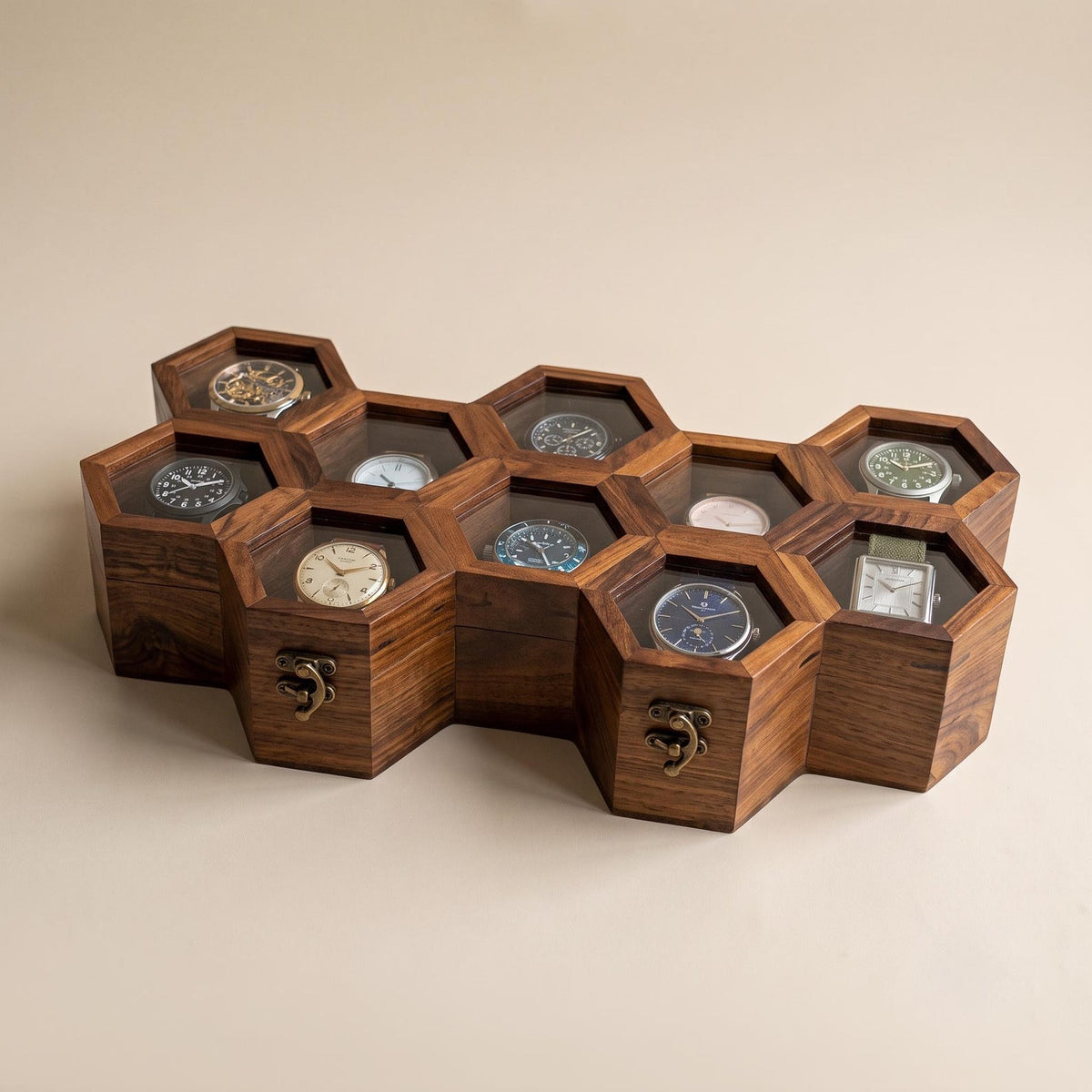 Wooden Watch Box, Honeycomb Display Case, Glass Lid Organizer, Rosewood - Gift for him