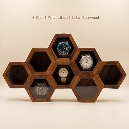 Wooden Watch Box, Honeycomb Display Case, Glass Lid Organizer, Rosewood - Gift for him