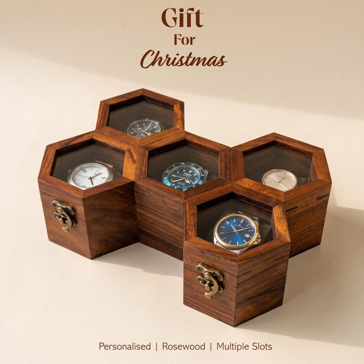 Wooden Watch Box, Honeycomb Display Case, Glass Lid Organizer, Rosewood - Gift for him