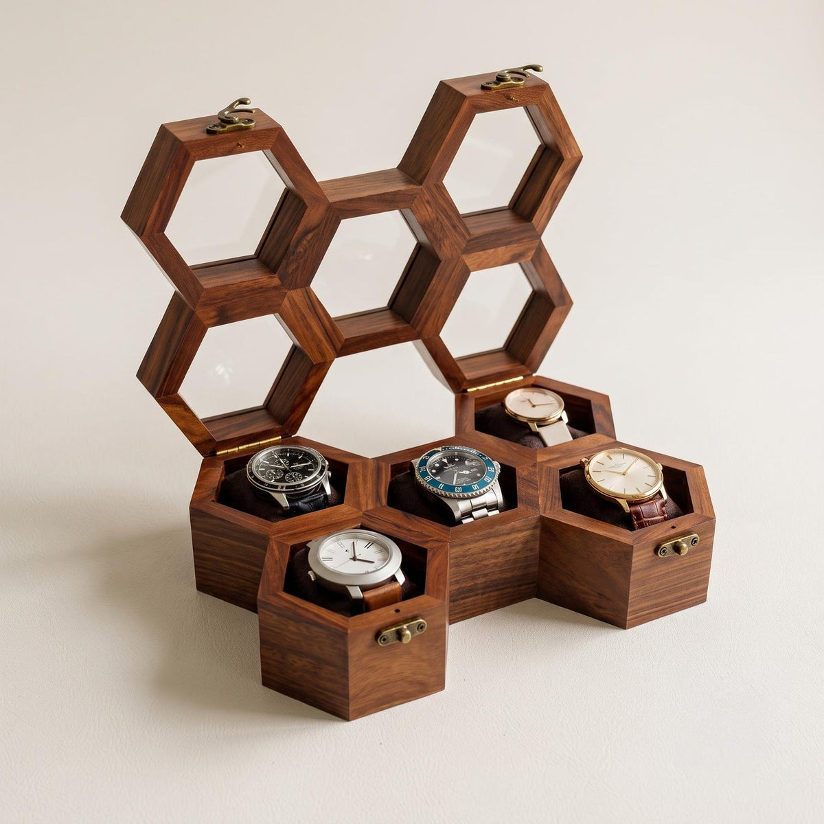Wooden Watch Box, Honeycomb Display Case, Glass Lid Organizer, Rosewood - Gift for him