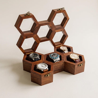Wooden Watch Box, Honeycomb Display Case, Glass Lid Organizer, Rosewood - Gift for him