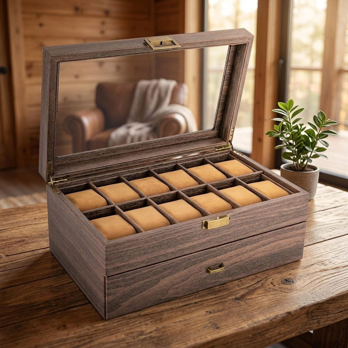 24-Bit Watch Box, 2-Tier Rustic Brown Watch Display Case with Glass Window, Tabletop Jewelry Storage Organizer for Men & Women