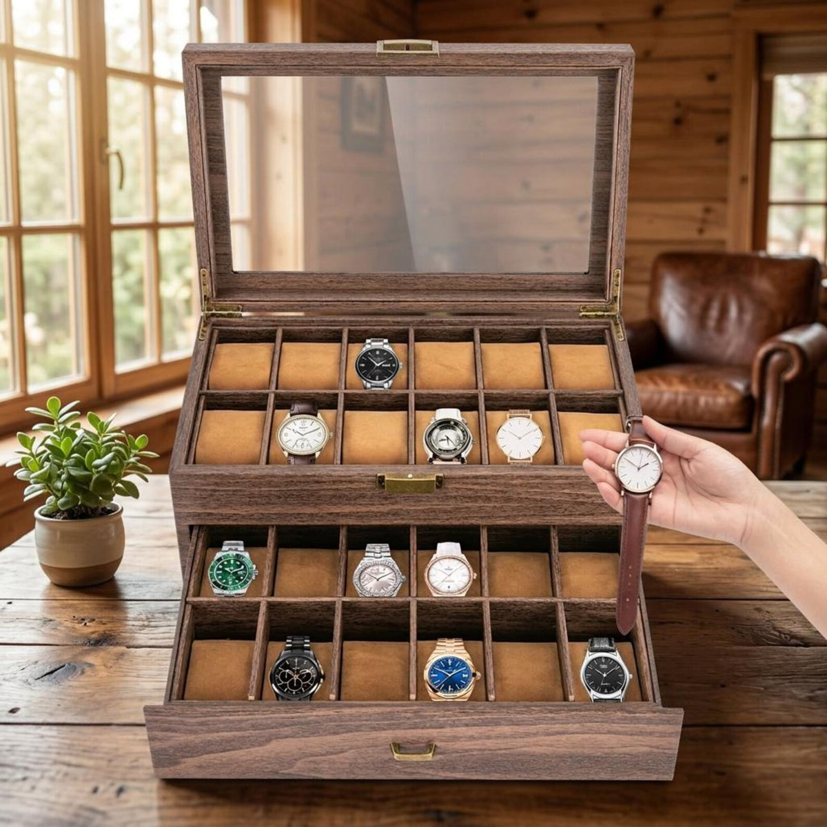 24-Bit Watch Box, 2-Tier Rustic Brown Watch Display Case with Glass Window, Tabletop Jewelry Storage Organizer for Men & Women