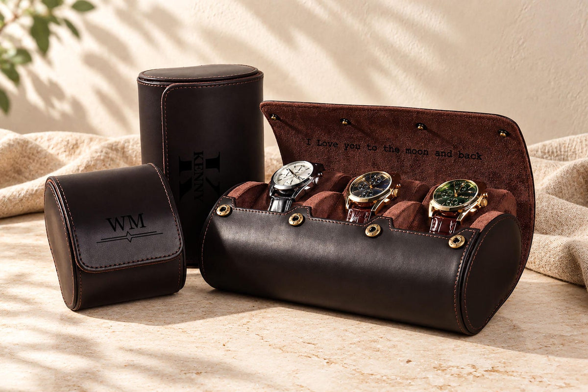 Personalized Genuine Leather Watch Box - Custom Engraved Travel Case for 1-3 Watches, Watch Organizer, Father's Day, Groomsmen Gift for Him