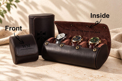 Personalized Genuine Leather Watch Box - Custom Engraved Travel Case for 1-3 Watches, Watch Organizer, Father's Day, Groomsmen Gift for Him