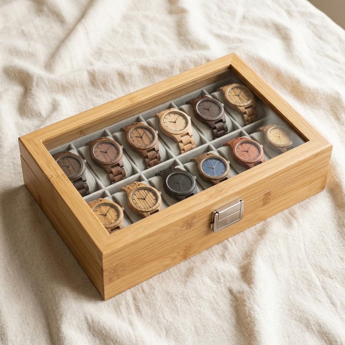 Bamboo Watch Box Organizer with Glass Lid, 12 Slot Watch Display Case, Wooden Jewelry Storage Box Gift for Men