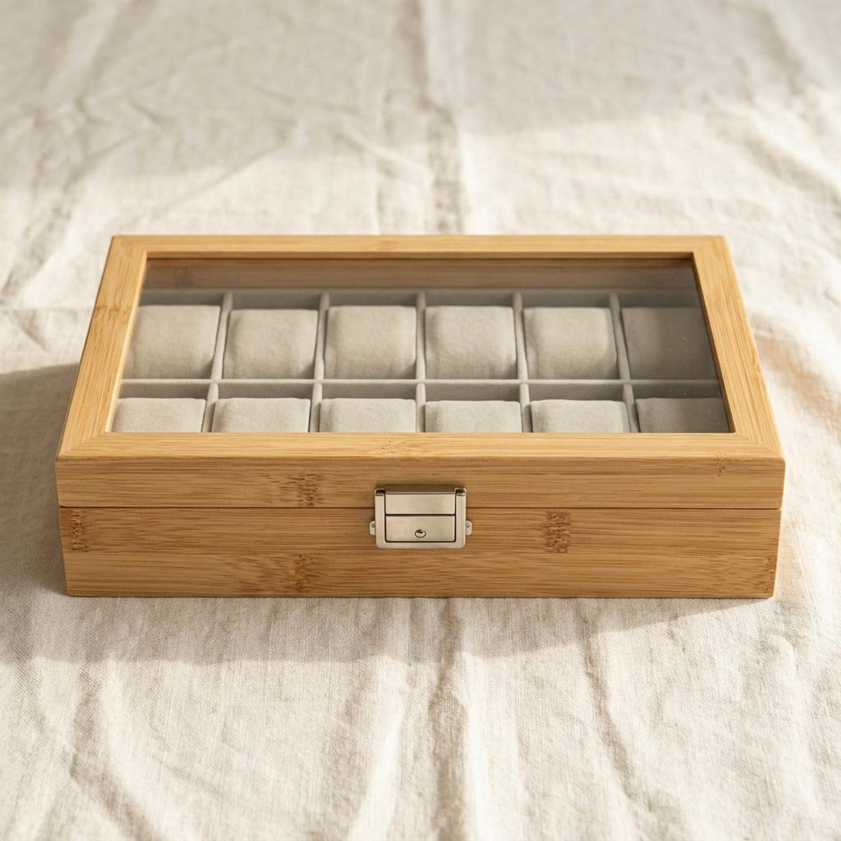 Bamboo Watch Box Organizer with Glass Lid, 12 Slot Watch Display Case, Wooden Jewelry Storage Box Gift for Men