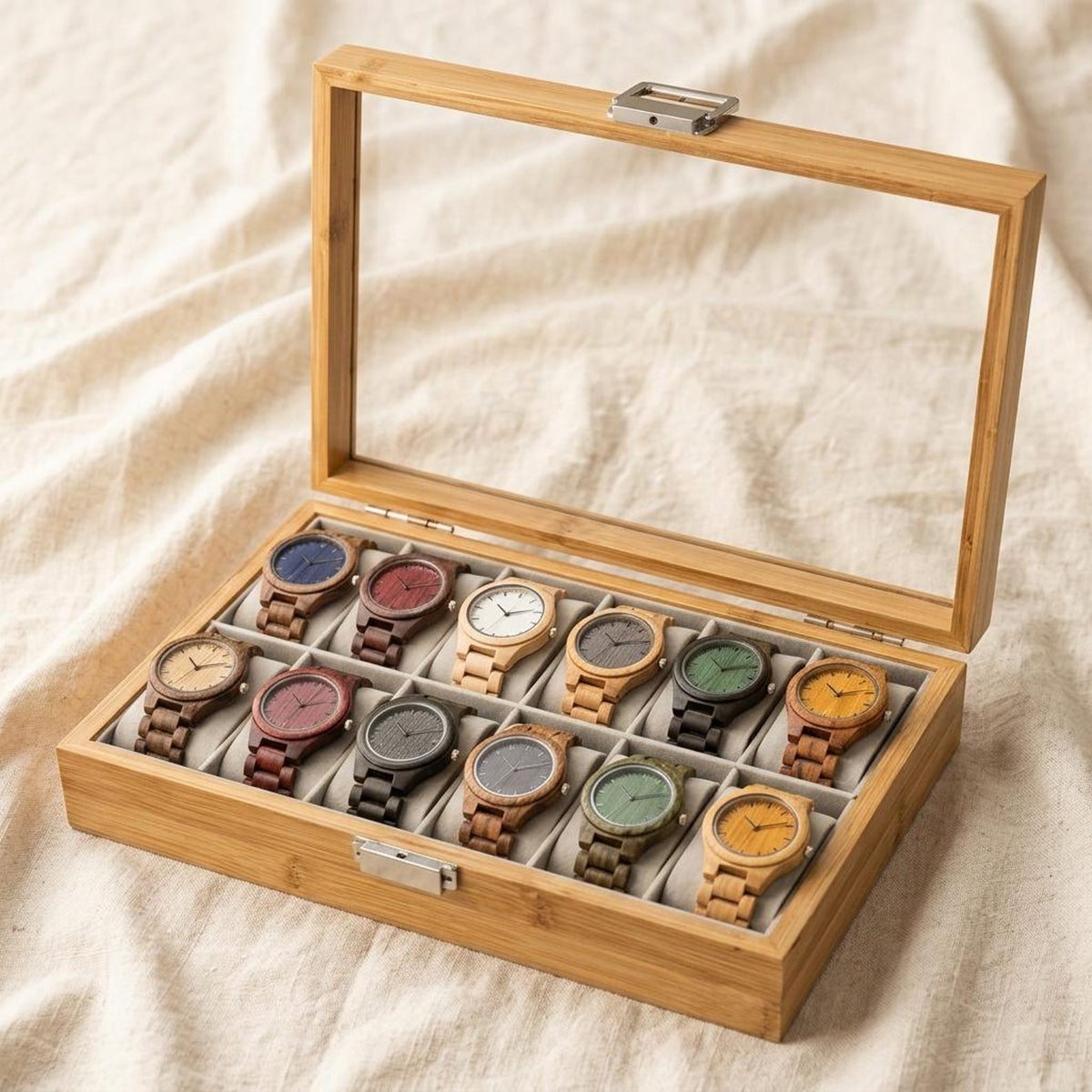 Bamboo Watch Box Organizer with Glass Lid, 12 Slot Watch Display Case, Wooden Jewelry Storage Box Gift for Men