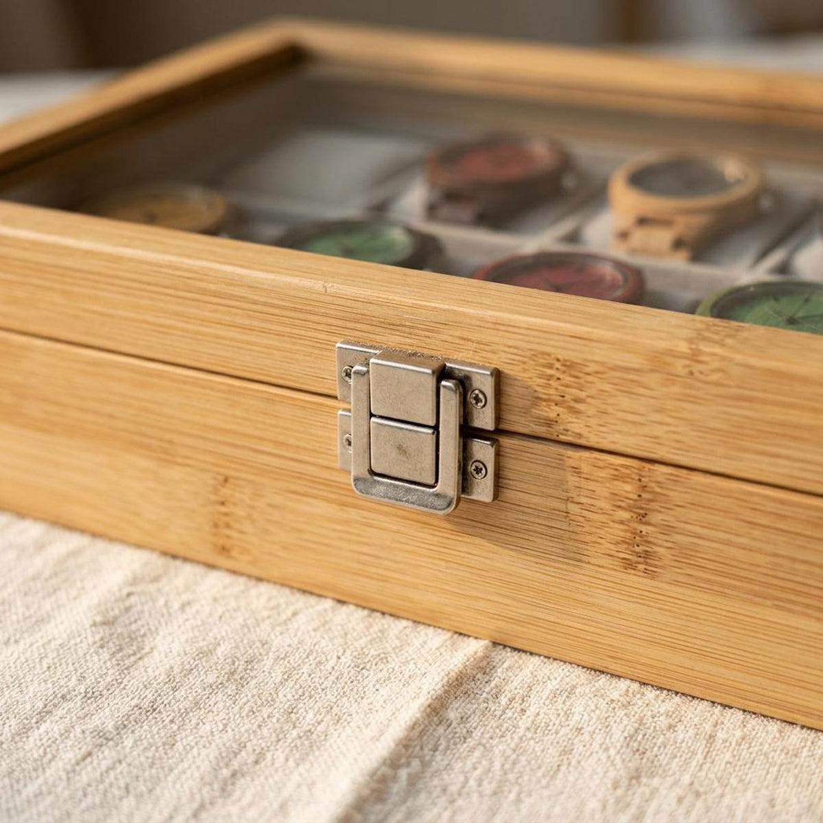 Bamboo Watch Box Organizer with Glass Lid, 12 Slot Watch Display Case, Wooden Jewelry Storage Box Gift for Men