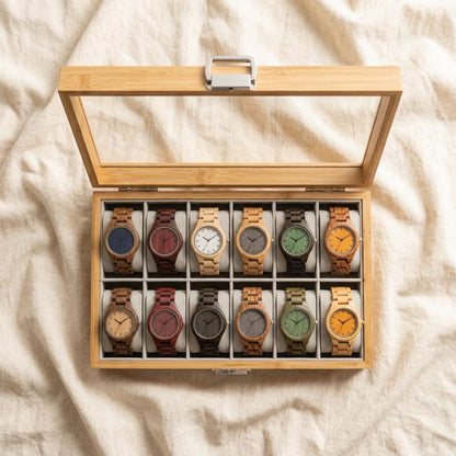 Bamboo Watch Box Organizer with Glass Lid, 12 Slot Watch Display Case, Wooden Jewelry Storage Box Gift for Men