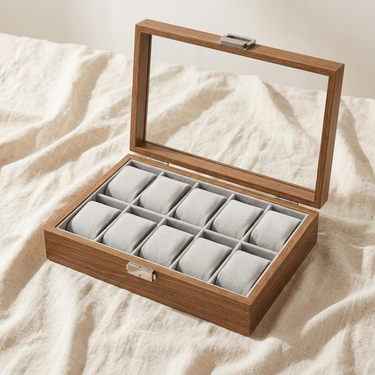 Wooden Watch Box with Glass Lid, 10 Slot Walnut Display Case, Luxury Watch Organizer, Men’s Watch Storage, Gift for Him