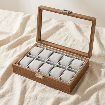 Wooden Watch Box with Glass Lid, 10 Slot Walnut Display Case, Luxury Watch Organizer, Men’s Watch Storage, Gift for Him
