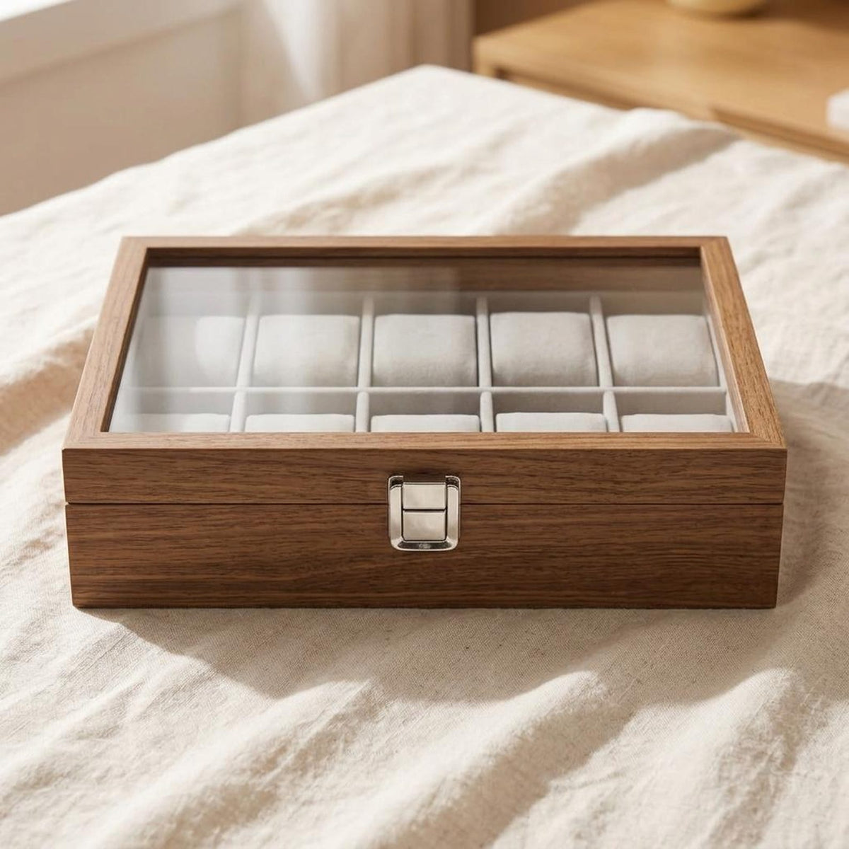 Wooden Watch Box with Glass Lid, 10 Slot Walnut Display Case, Luxury Watch Organizer, Men’s Watch Storage, Gift for Him