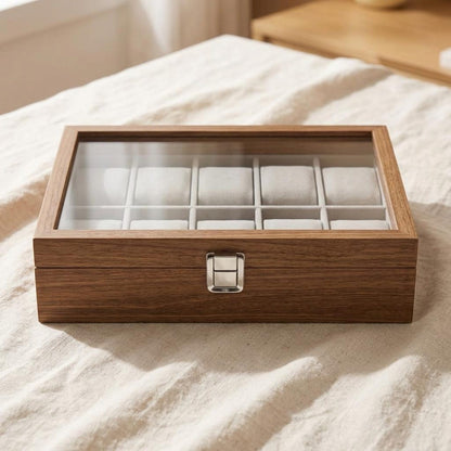 Wooden Watch Box with Glass Lid, 10 Slot Walnut Display Case, Luxury Watch Organizer, Men’s Watch Storage, Gift for Him