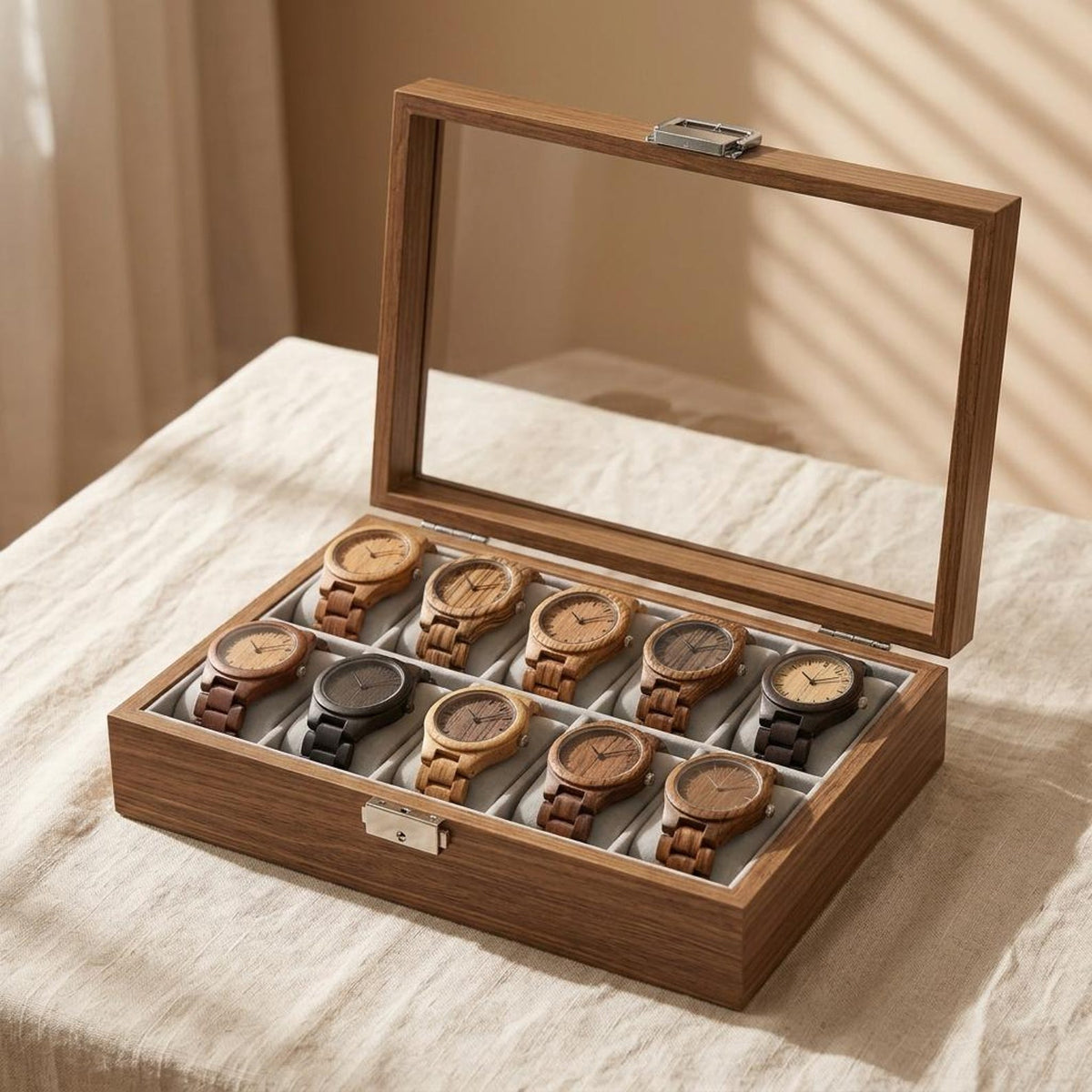 Wooden Watch Box with Glass Lid, 10 Slot Walnut Display Case, Luxury Watch Organizer, Men’s Watch Storage, Gift for Him