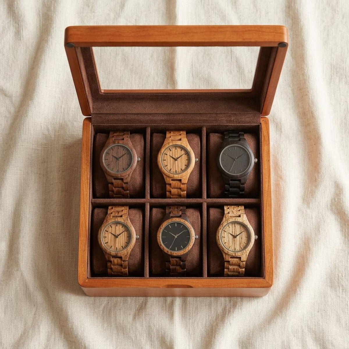 Solid Wood Watch Box for 6 Watches, Glass Window Display Case, Eco-Friendly Wooden Watch Storage, Retro Jewelry Box for Men