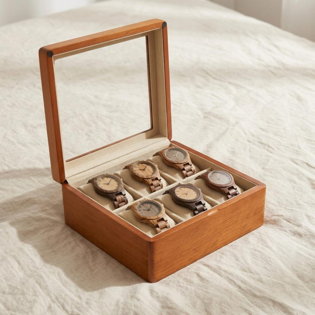 Solid Wood Watch Box for 6 Watches, Glass Window Display Case, Eco-Friendly Wooden Watch Storage with Cream Interior