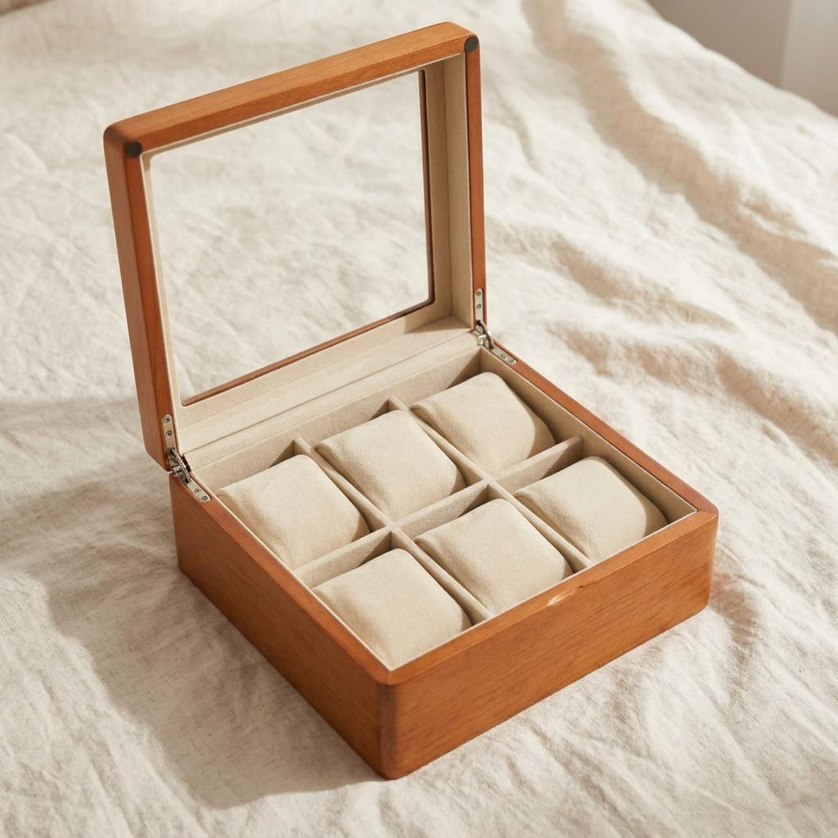 Solid Wood Watch Box for 6 Watches, Glass Window Display Case, Eco-Friendly Wooden Watch Storage with Cream Interior