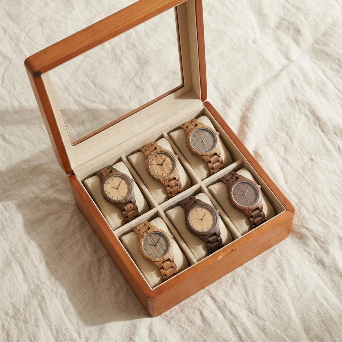 Solid Wood Watch Box for 6 Watches, Glass Window Display Case, Eco-Friendly Wooden Watch Storage with Cream Interior