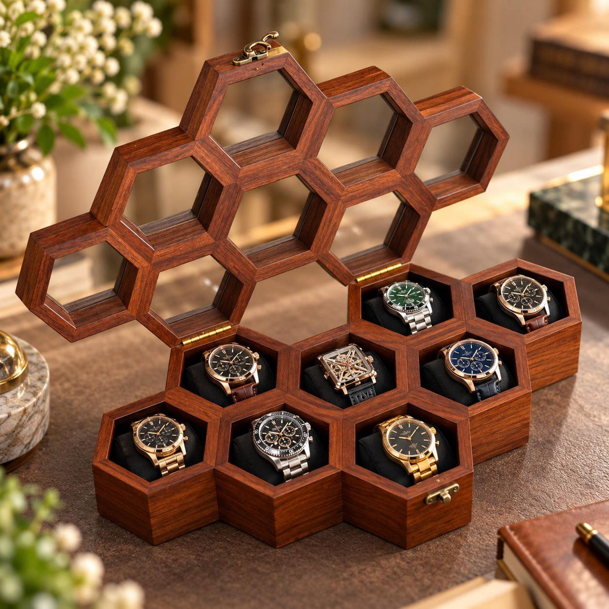 Handcrafted Rosewood Honeycomb Watch Box | Vintage Wooden Watch Organizer | Elegant Watch Display Case | Jewelry Storage | Gift for Him