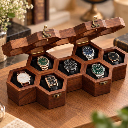 Handcrafted Rosewood Honeycomb Watch Box | Vintage Wooden Watch Organizer | Elegant Watch Display Case | Jewelry Storage | Gift for Him