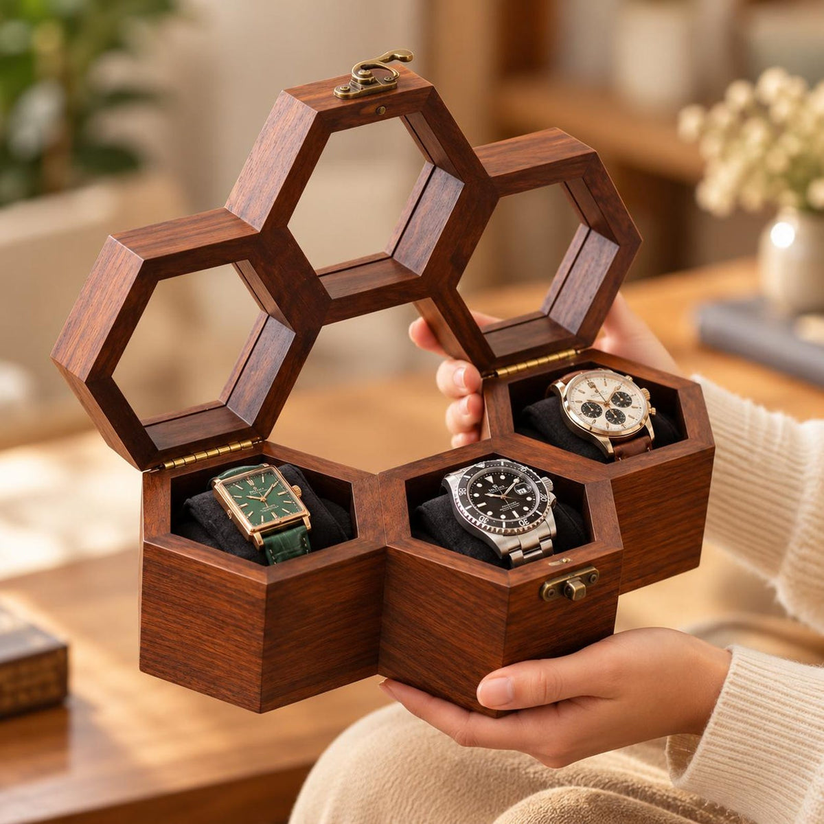 Handcrafted Rosewood Honeycomb Watch Box | Vintage Wooden Watch Organizer | Elegant Watch Display Case | Jewelry Storage | Gift for Him