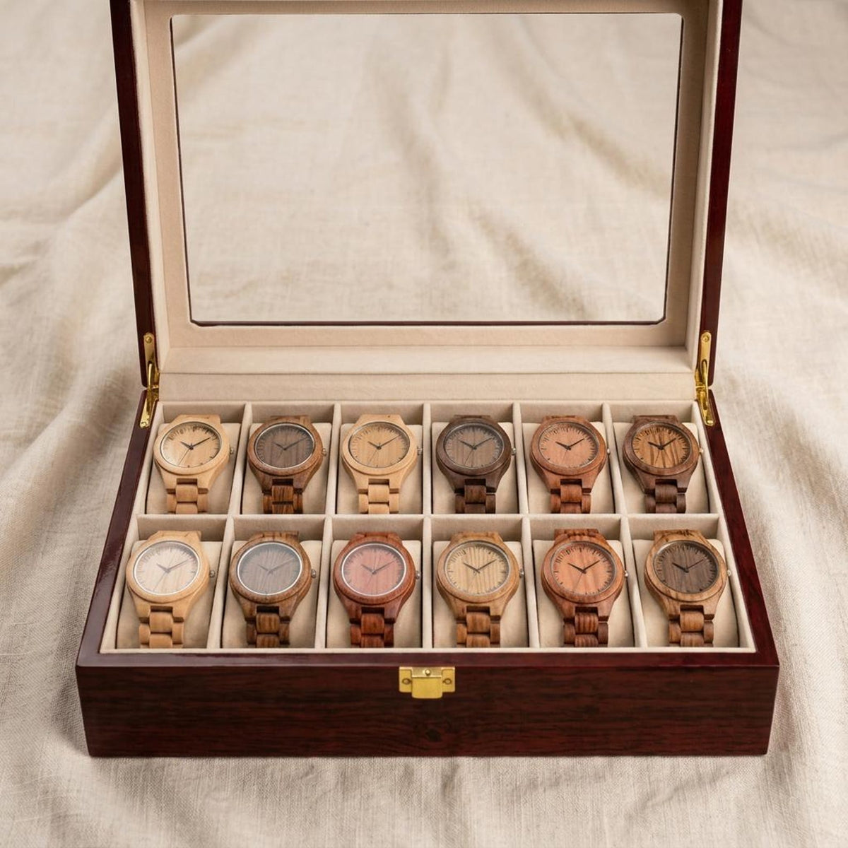 Wooden Watch Box Organizer 12 Slots with Glass Lid, Large Luxury Watch Storage Case for Men, Display Watch Box Gift