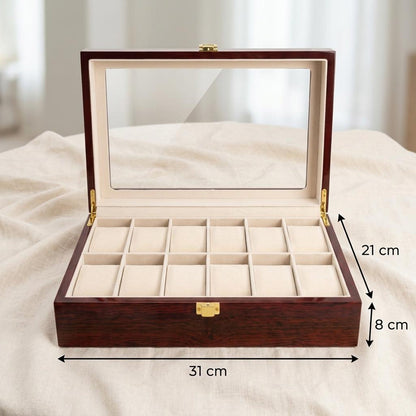 Wooden Watch Box Organizer 12 Slots with Glass Lid, Large Luxury Watch Storage Case for Men, Display Watch Box Gift