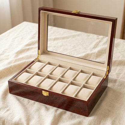 Wooden Watch Box Organizer 12 Slots with Glass Lid, Large Luxury Watch Storage Case for Men, Display Watch Box Gift