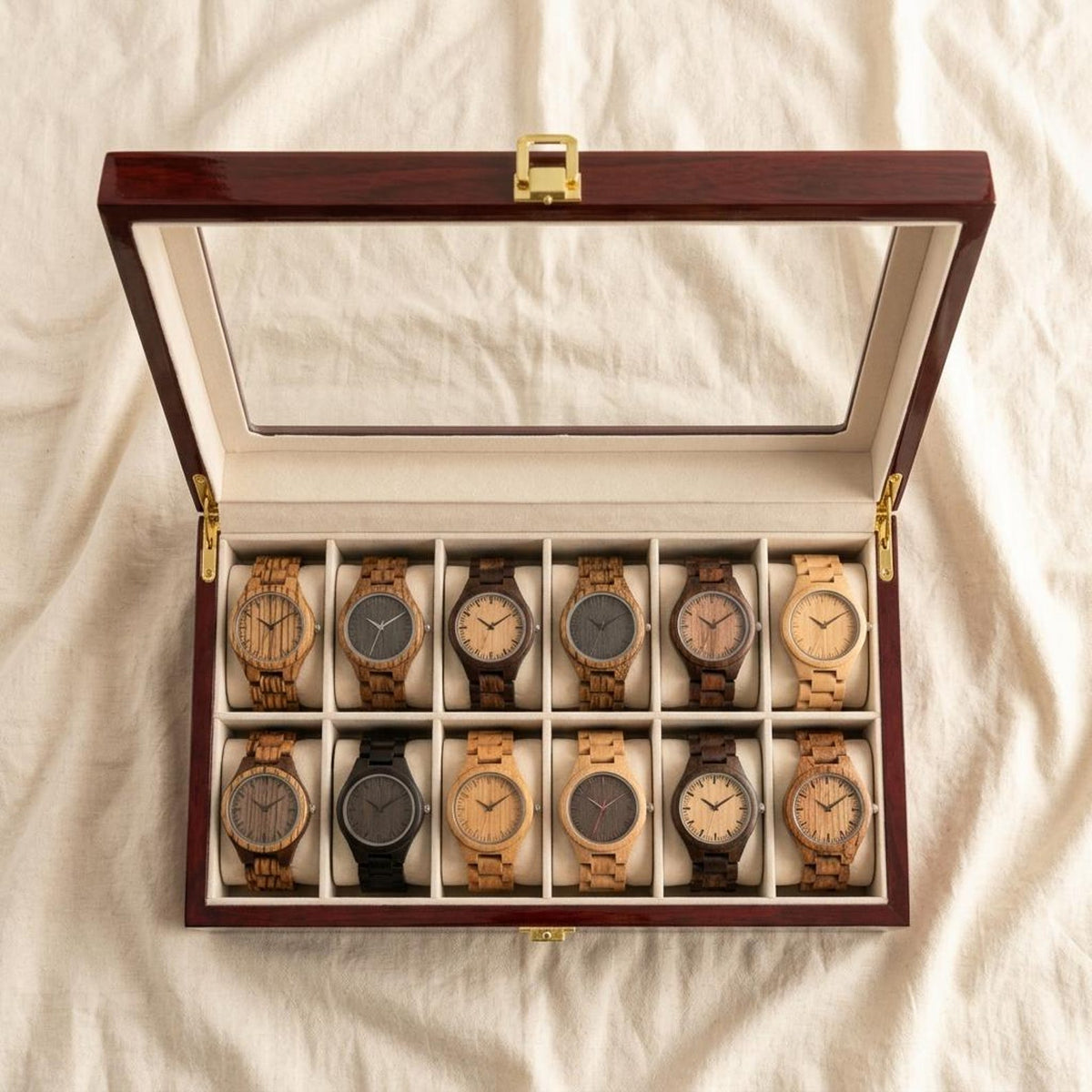 Wooden Watch Box Organizer 12 Slots with Glass Lid, Large Luxury Watch Storage Case for Men, Display Watch Box Gift
