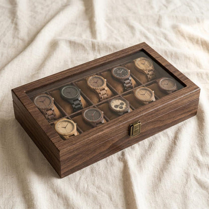 Wooden Watch Box Organizer with Glass Lid, Rustic Watch Storage Case 12 Slots, Vintage Display Box for Men & Women Gift