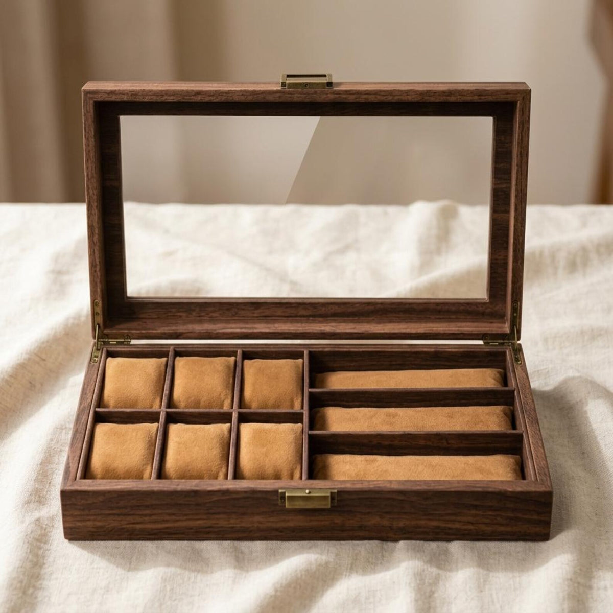 Large Wooden Watch Box Organizer with Glass Lid – 6 Slot Watch Display Case with Sunglasses Storage, Rustic Watch Collector Box for Men