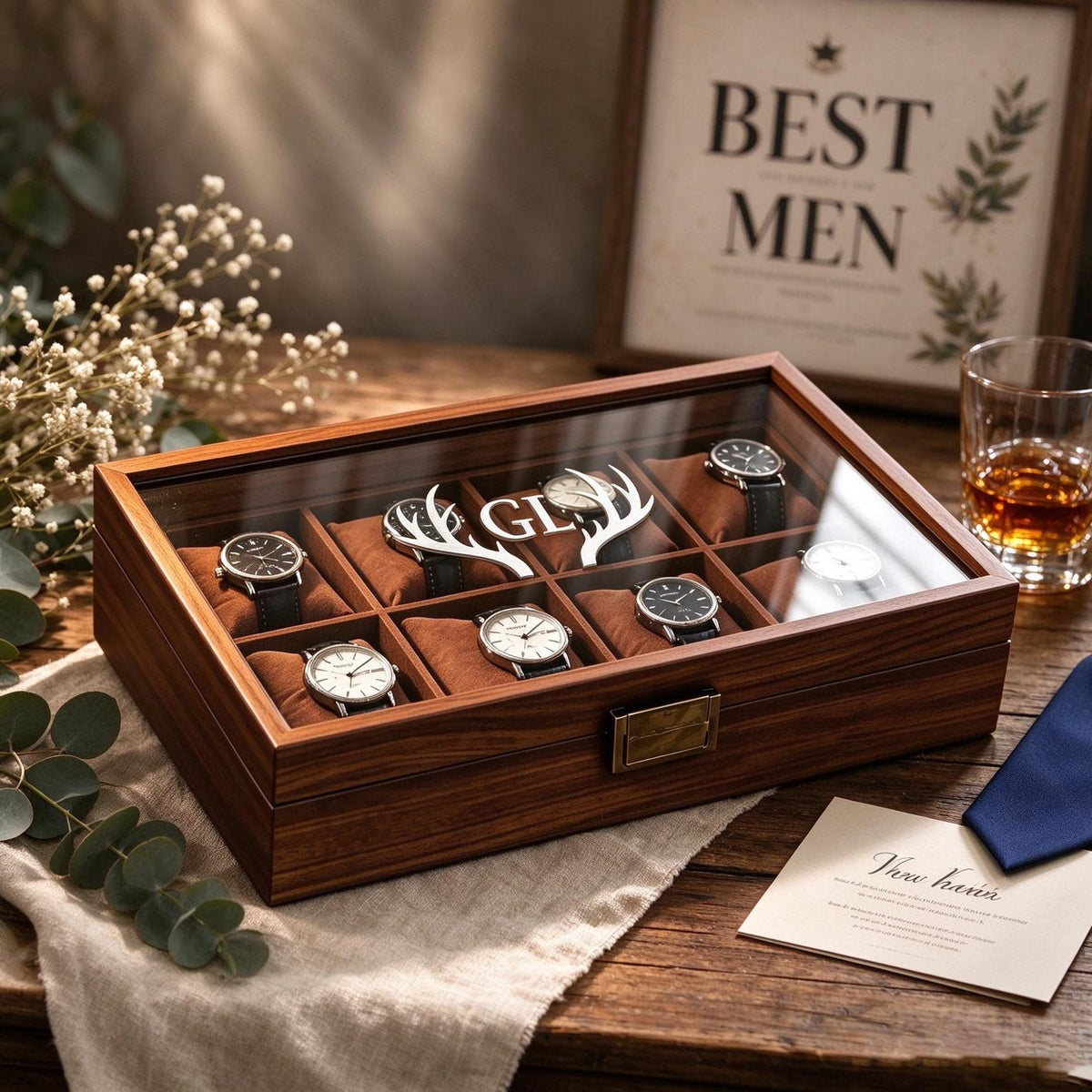 Personalised Wooden Watch Box, Custom Engraved Watch Storage Case, Holds 1-8 Watches, Groomsmen Gift For Him Dad Husband