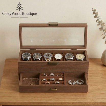 Wooden Watch Box Organizer for Men, Jewelry Box with Drawer, 12 Watch Case Display Stand, Luxury Watch Storage, Gift for Him, Dresser Decor